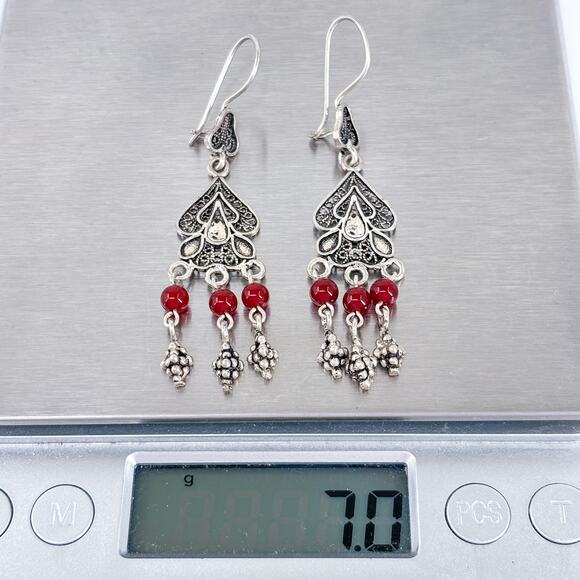 Vintage Sterling Silver 925 Carnelian Dangle Earrings | Boho Chandelier - Picture 7 of 8